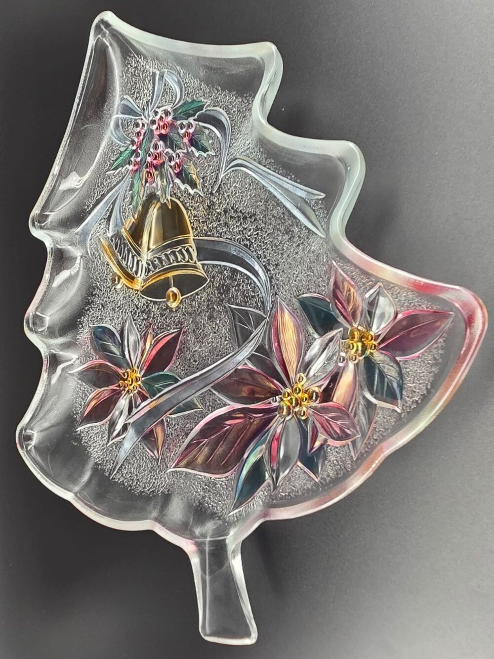 Mikasa Savoir Vivre Christmas Tree Glass Platter Poinsettia Bells 13.5"